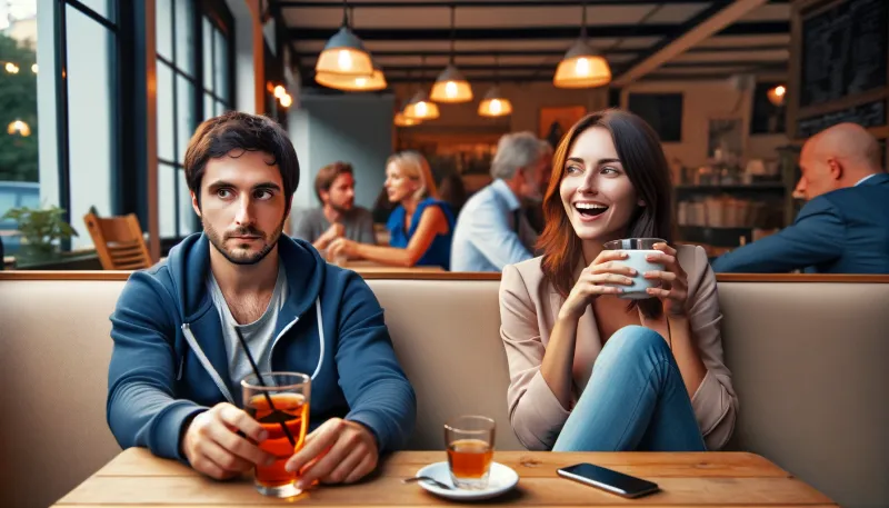 Dall·e 2024 03 03 09.33.35 a man and woman sitting in a cafe showcasing the differences between introversion and extroversion in their behavior and reactions