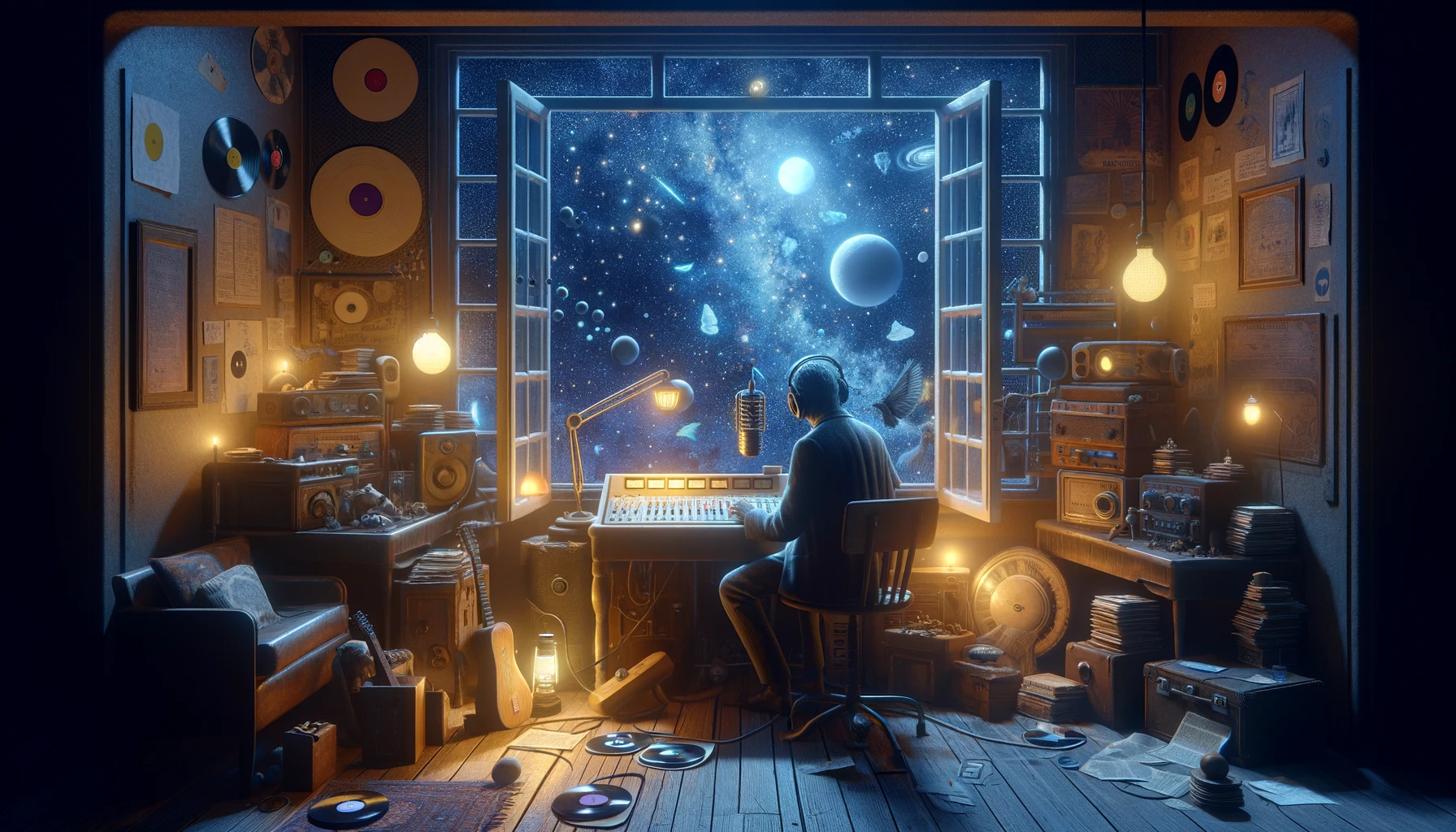 Dall·e 2024 03 29 09.05.57 imagine a scene that captures the essence of carl jung's active imagination concept through the lens of a late night community radio programme present