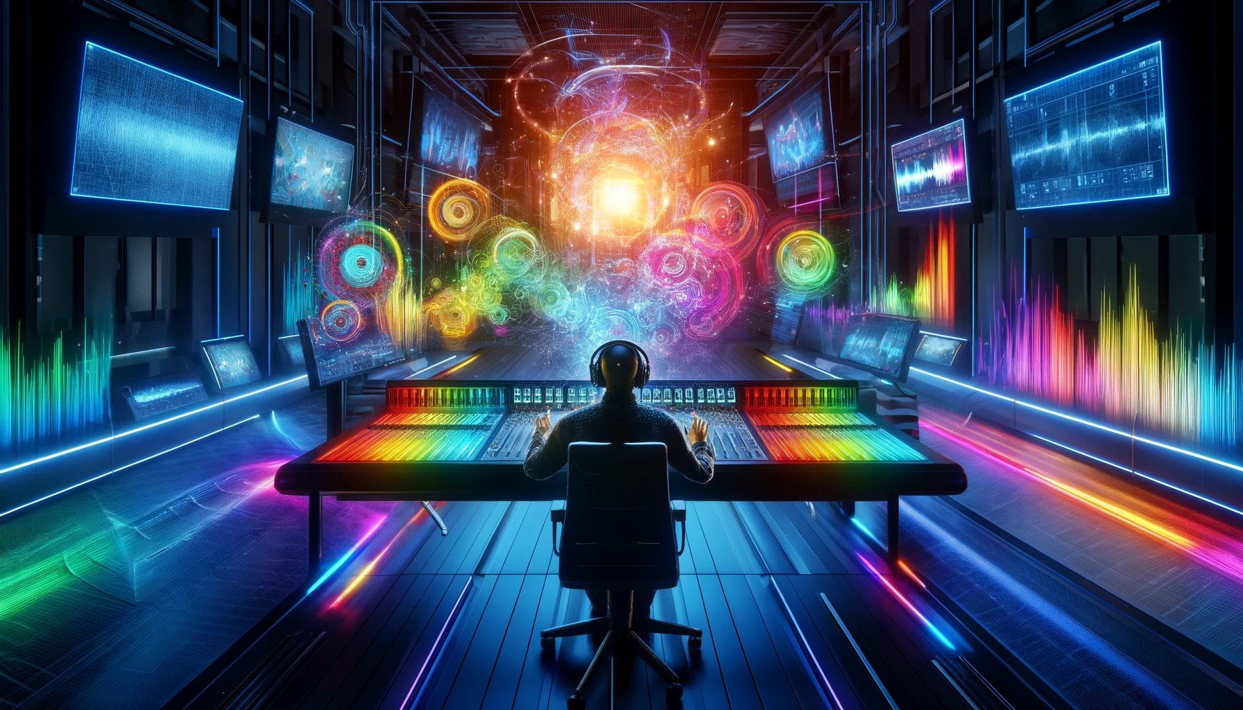 Dall·e 2024 04 07 17.19.07 envision a vibrant and colorful modern radio studio that embodies the metamodern oscillation between sincerity and irony, combining cutting edge techn
