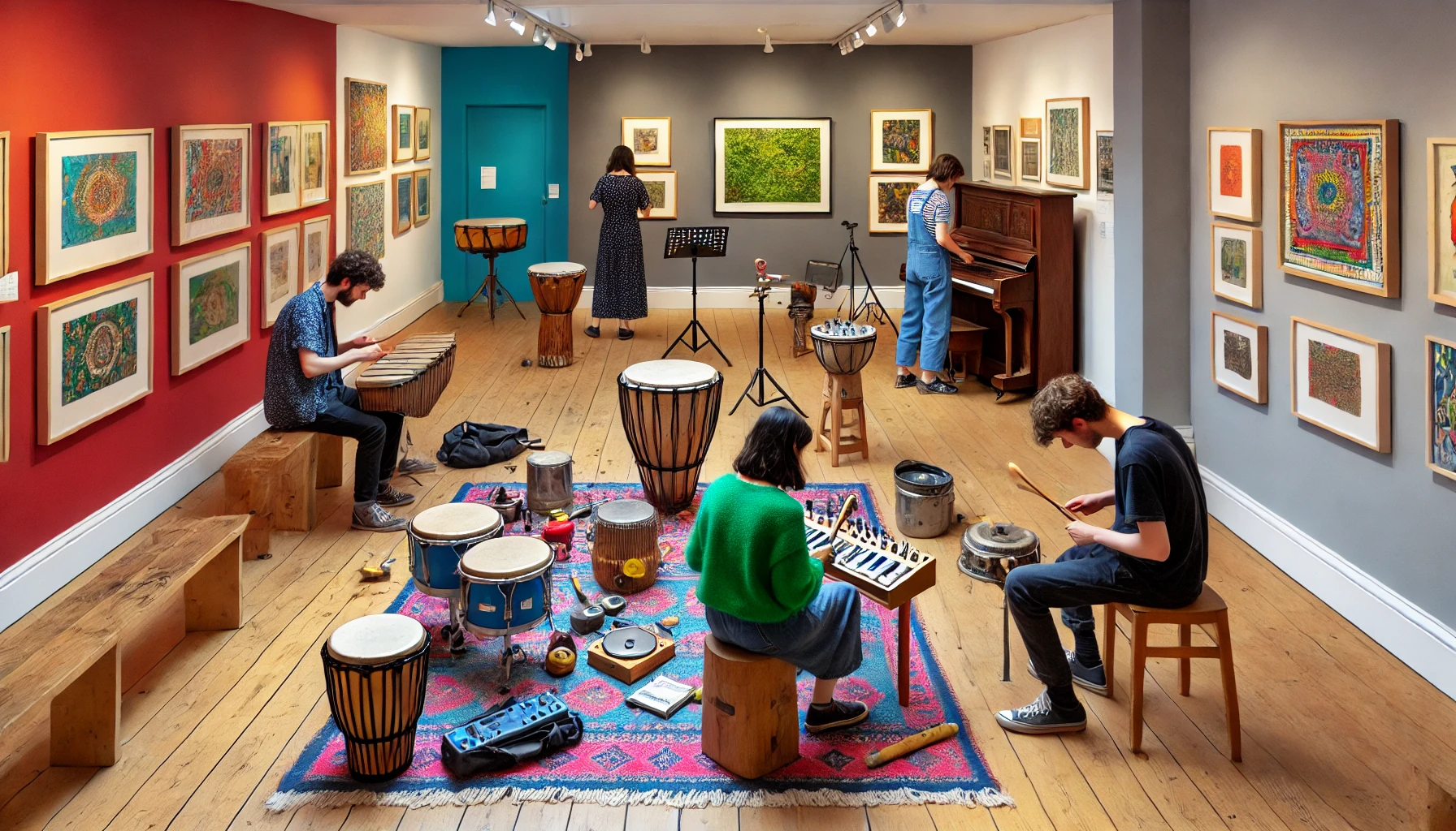 Dall·e 2024 07 03 10.48.08 a smaller room in an art gallery with a couple of people engaging in participative activities, making sounds and music on various instruments and home