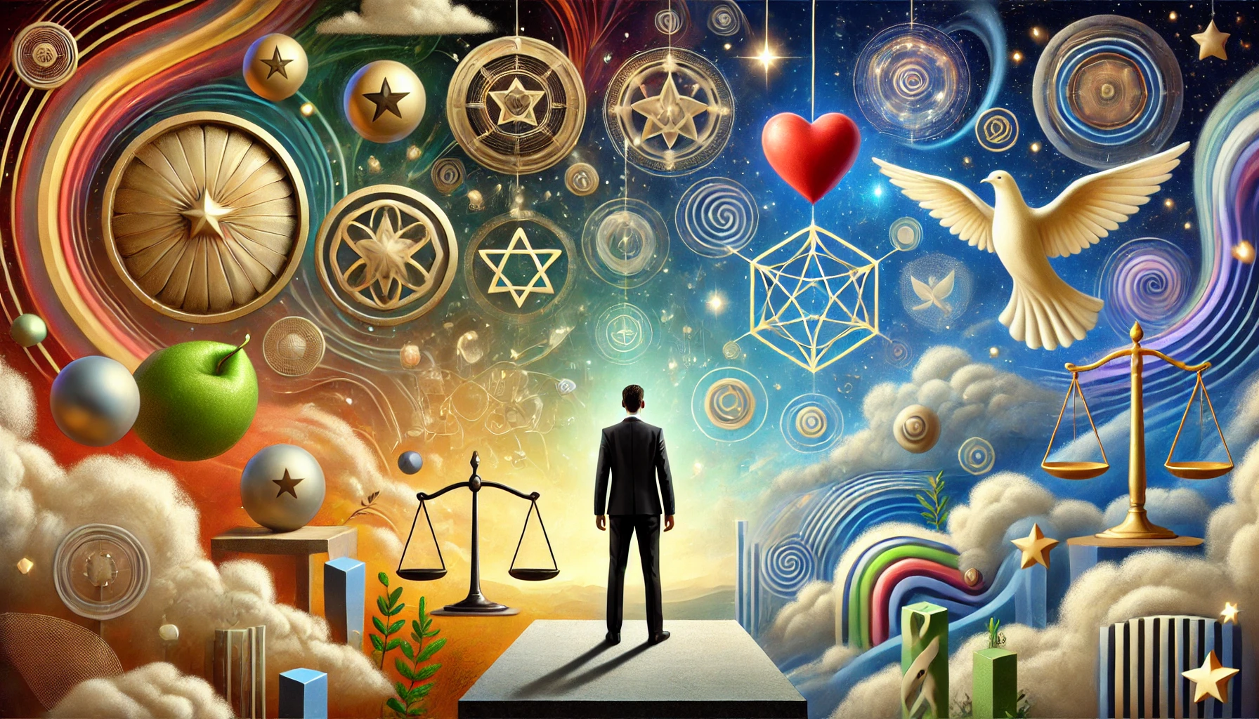 Dall·e 2024 07 07 17.10.48 a man stands at the centre of a dreamscape, considering the symbols of status and the symbols of virtue. the landscape is abstract and creative, blend