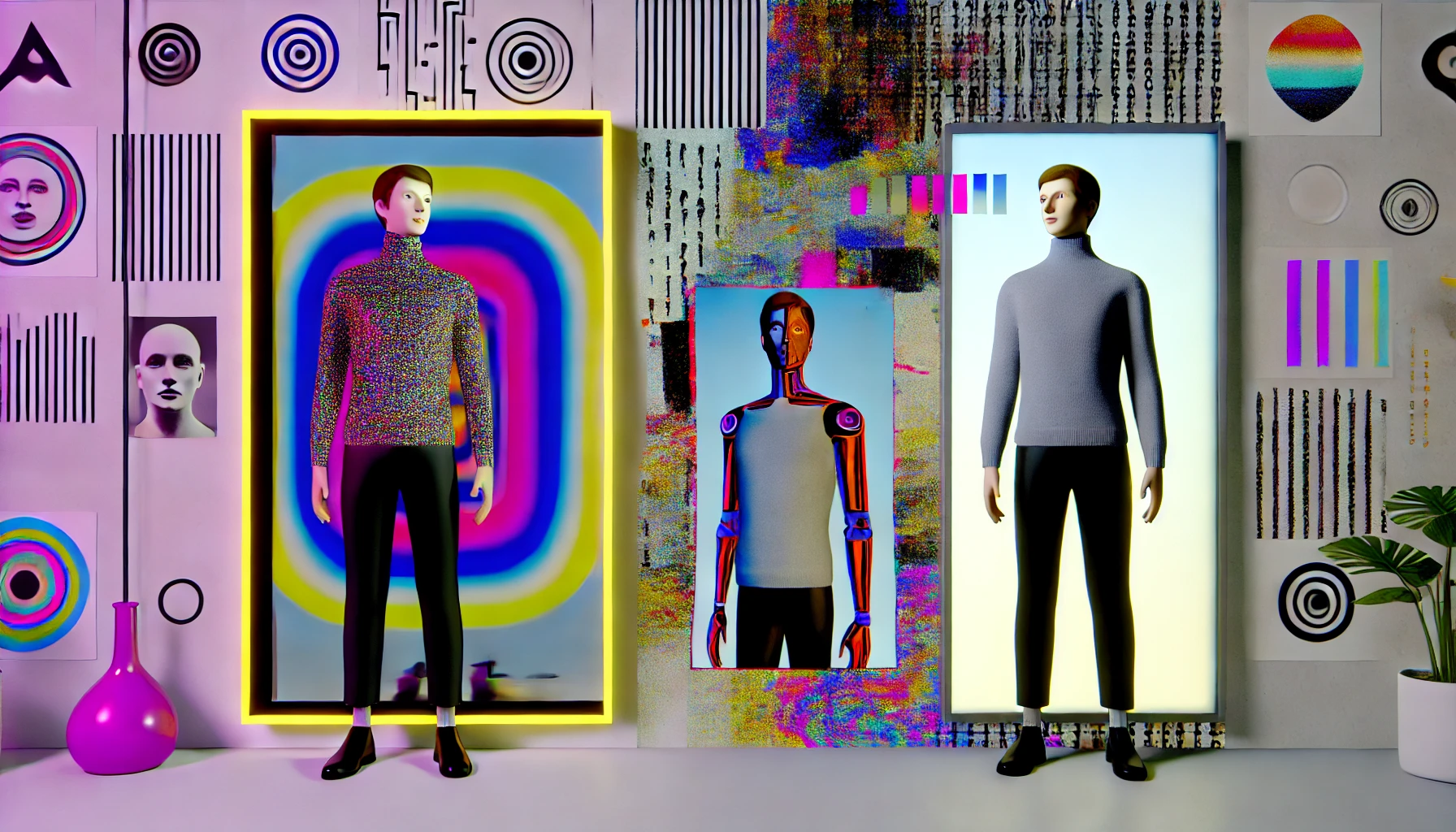 Dall·e 2024 07 26 08.02.57 a person standing in front of a mirror in a highly creative and abstract setting influenced by metamodern forms and styles related to electronic proje